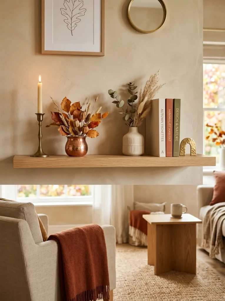 Small copper and brass decorative accents adding elegant shine to a minimalist autumn floating shelf.