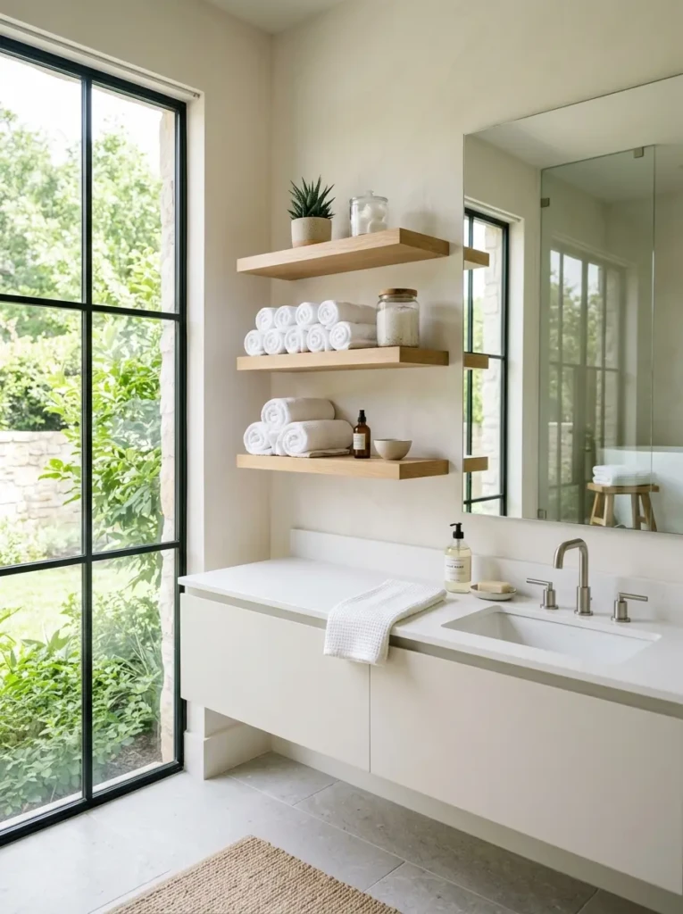 Modern bathroom with floating shelves styled using towels, jars, and neutral decor.