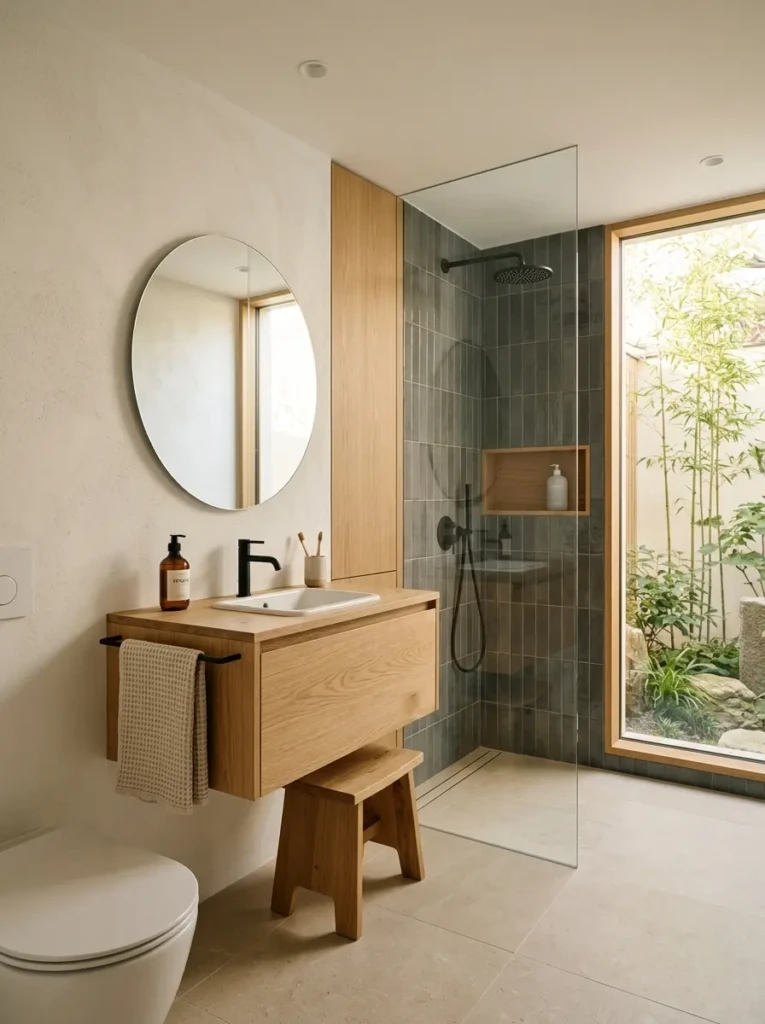 Small bathroom with simple decor, neutral tones, and hidden storage creating a calm and organized space
