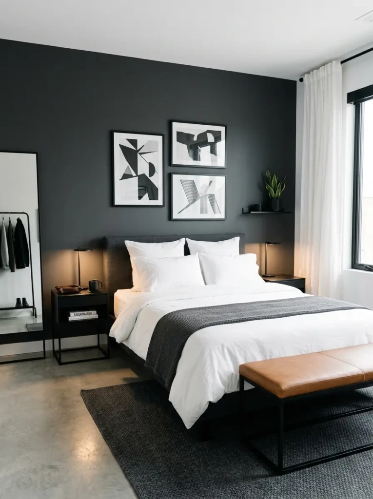 A sleek bedroom with charcoal walls, white bedding, black framed artwork, and minimal decor creating a clean modern look