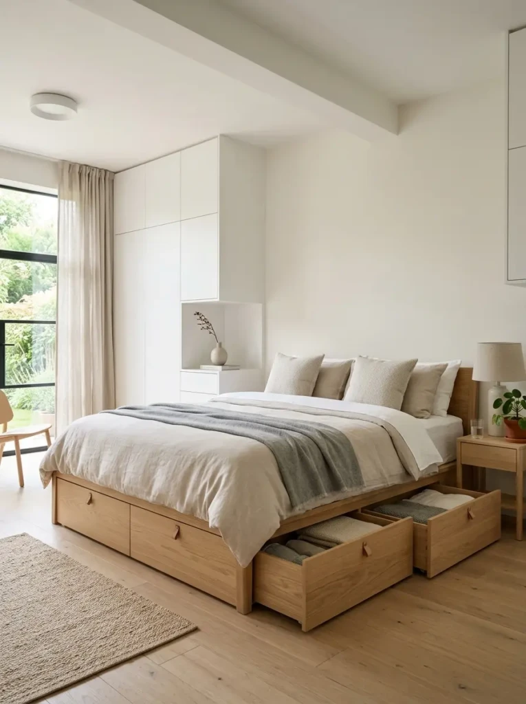 A clutter-free modern bedroom featuring hidden storage solutions like under-bed drawers and sleek furniture in neutral tones.