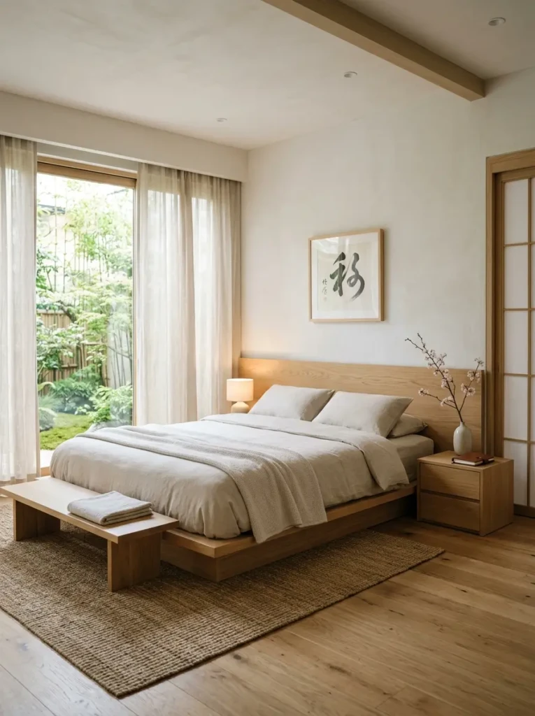 A clean and clutter-free bedroom with a low-profile king size bed, neutral bedding, and natural materials for a peaceful atmosphere