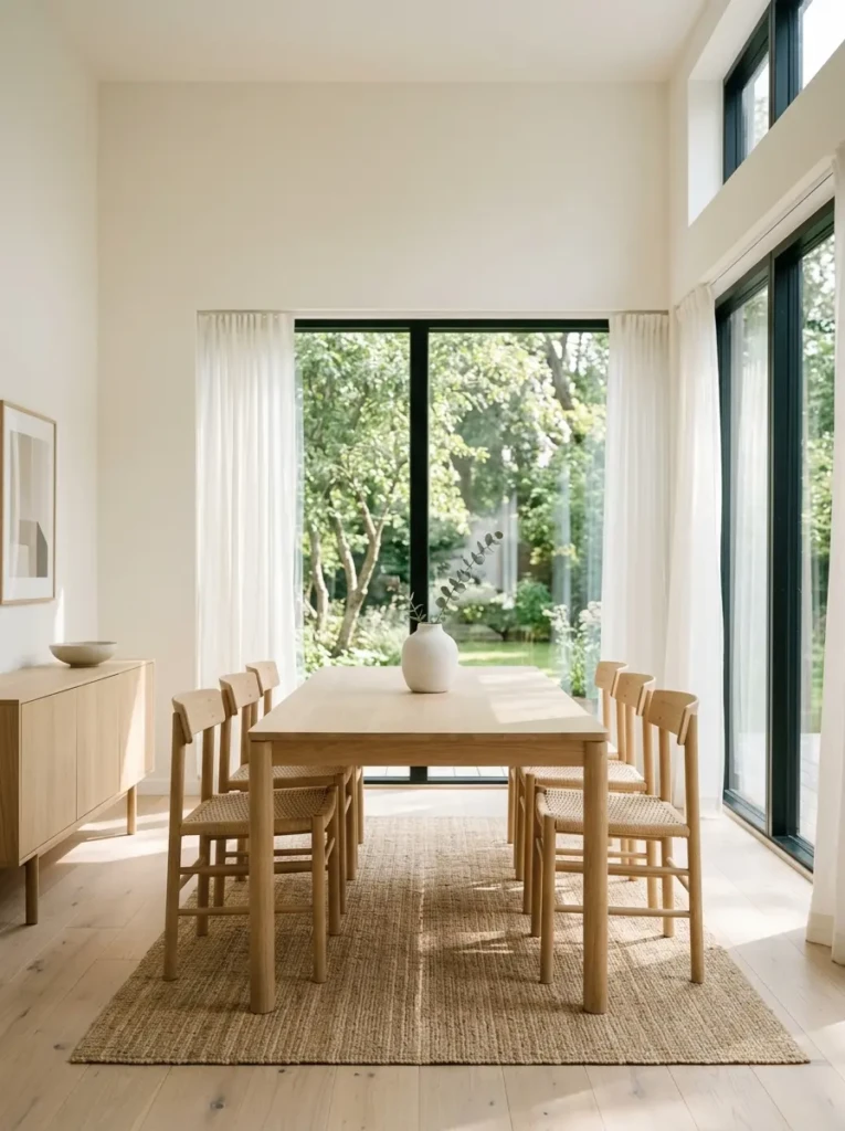 A bright minimalist dining room with pale wood furniture, simple decor, large windows, and soft sunlight creating a peaceful uncluttered space