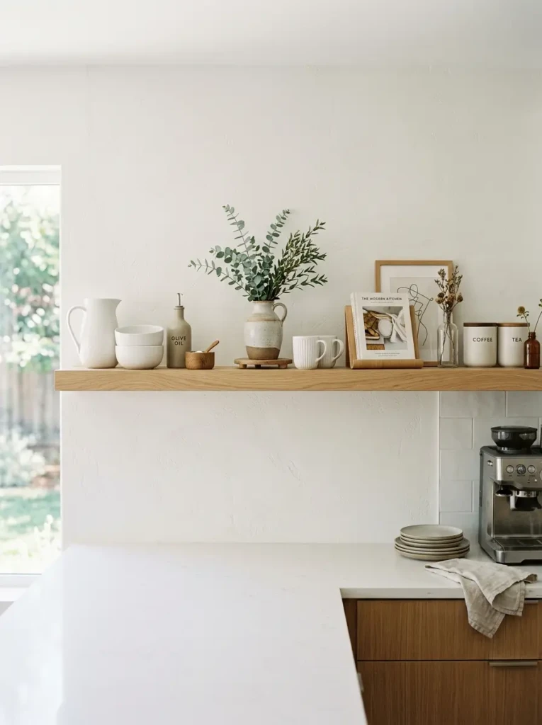 Floating shelves with intentional empty space between ceramics, greenery, and wood accents in an uncluttered kitchen.