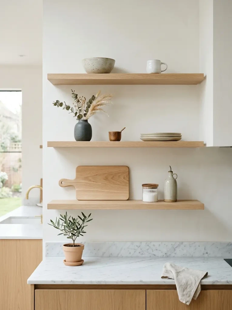 Modern kitchen shelves with intentional empty space and a few carefully selected decorative pieces.