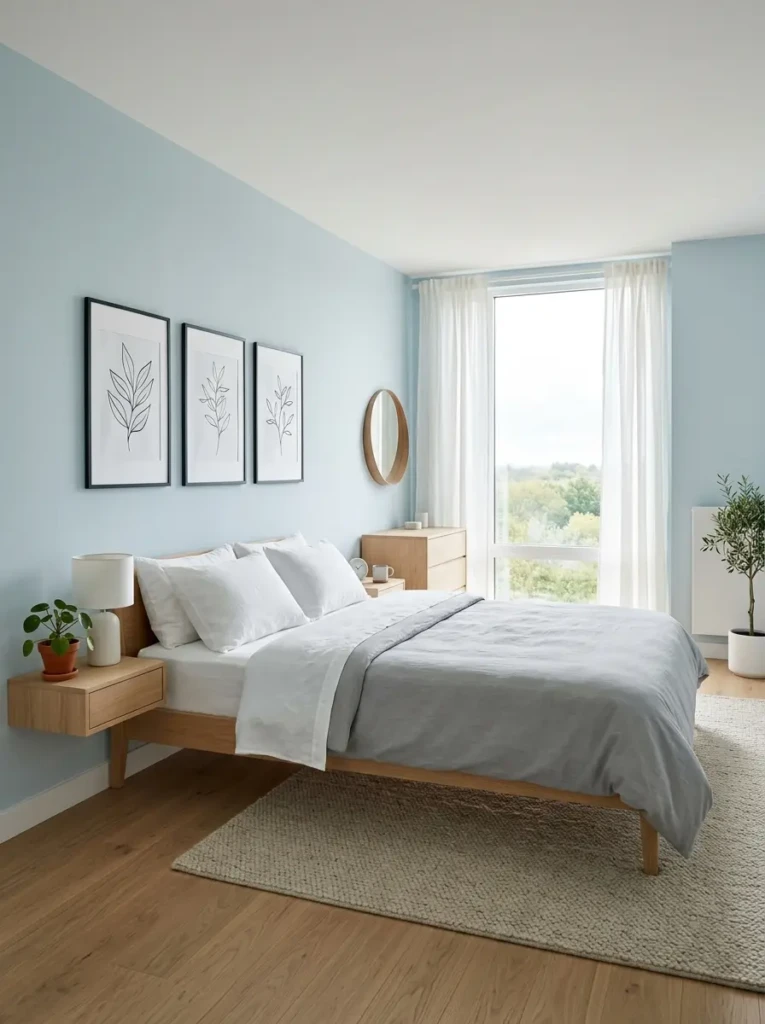 Simple light blue bedroom with minimal decor, uncluttered surfaces, soft lighting, and an airy modern aesthetic