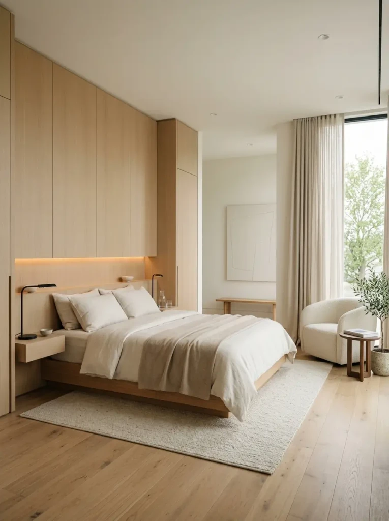 A clutter-free bedroom with simple decor, neutral colors, and a calm spacious atmosphere