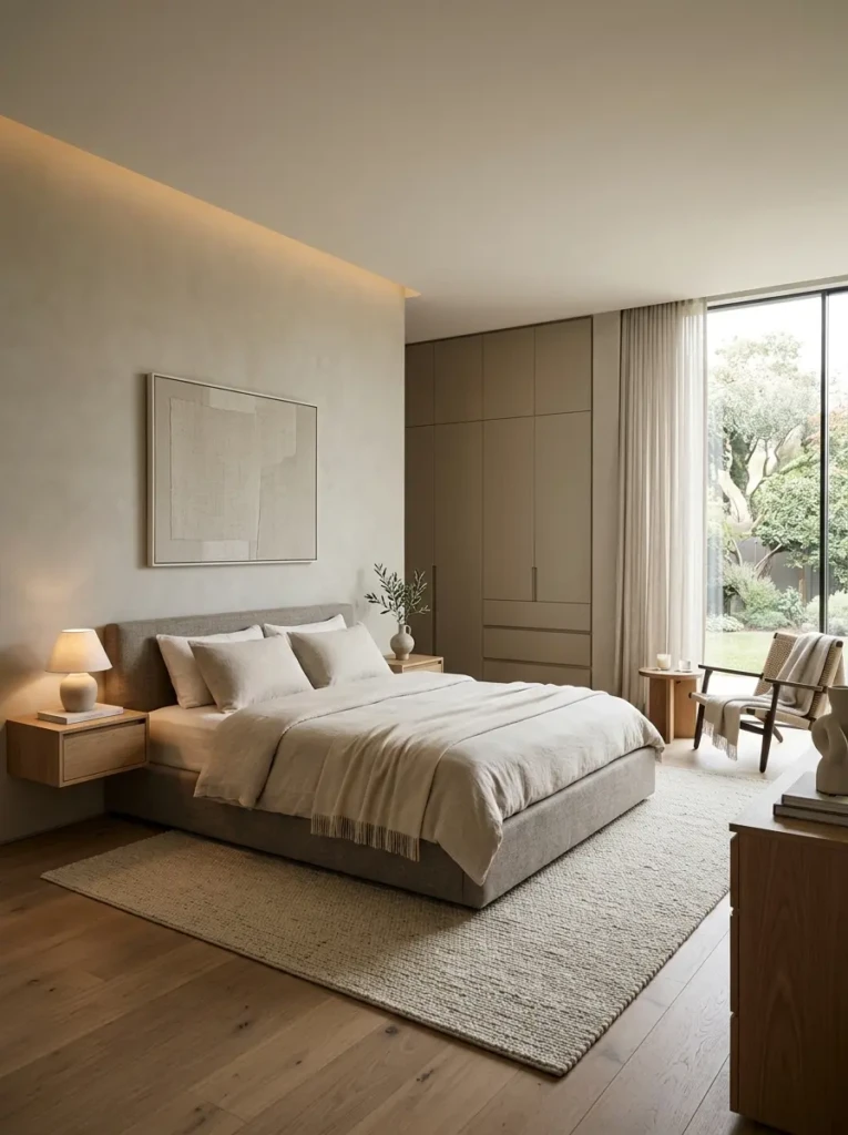 Clean and uncluttered modern luxury bedroom with warm tones and cozy textures