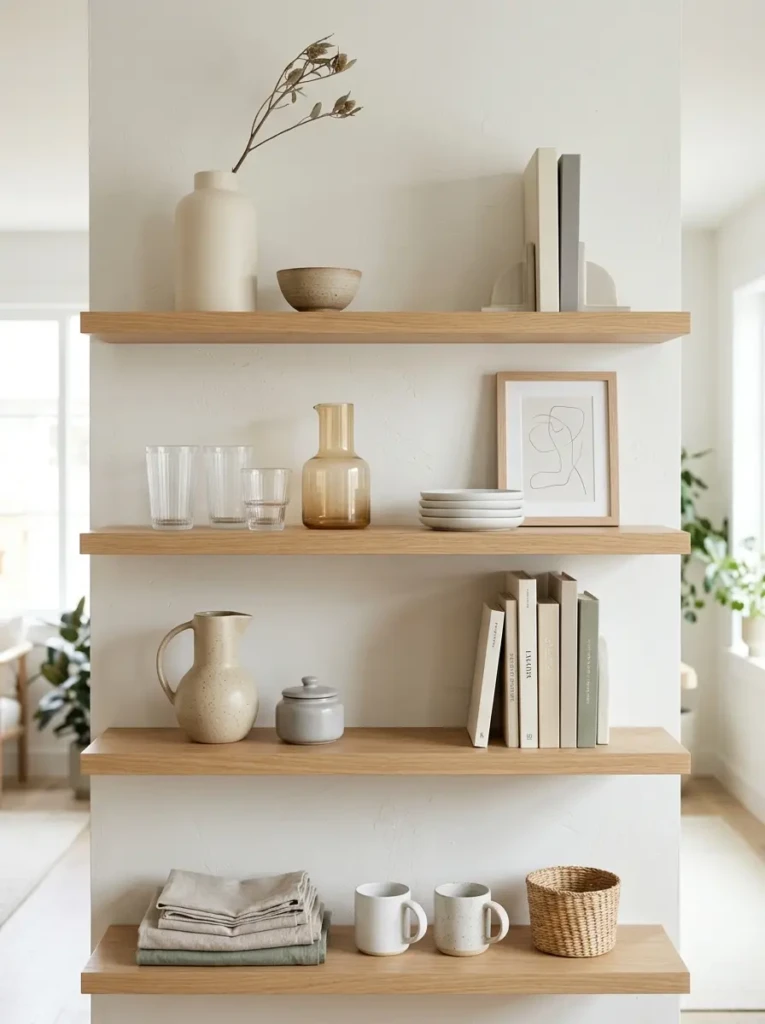 A neatly styled shelf with ceramics and glassware arranged in a cohesive color palette.