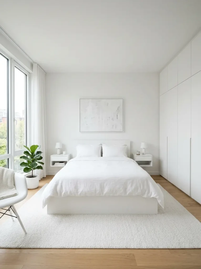 Clean white bedroom with sleek bed frame, floating nightstands, and clutter-free furniture.