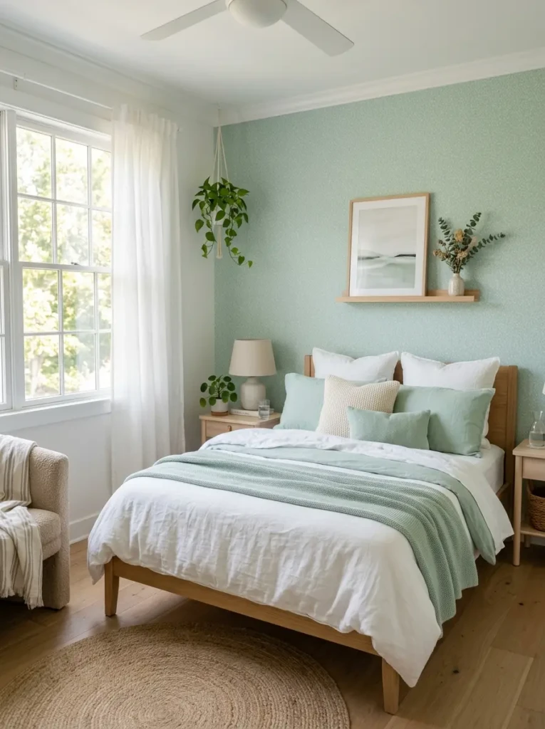 A fresh bedroom with mint green wallpaper and minimal cozy styling