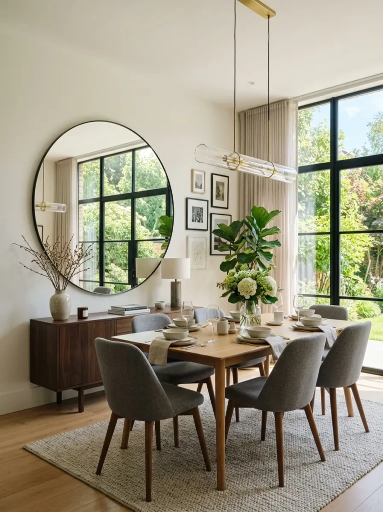 A stylish dining room with a mirror placed opposite a window to enhance natural light and openness.