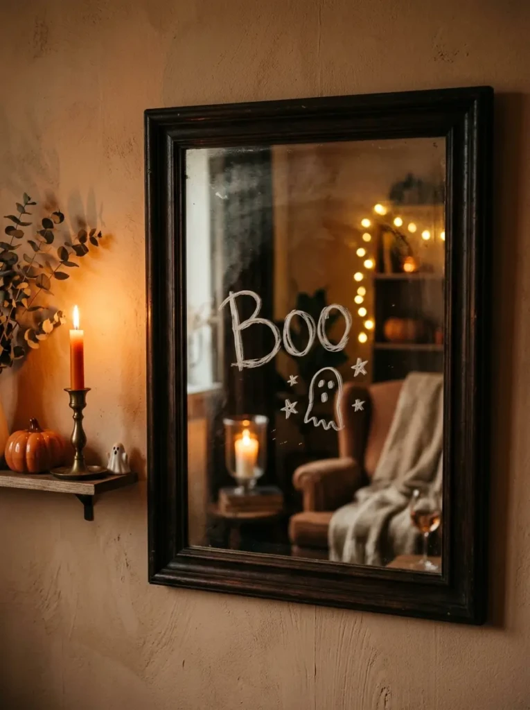 A mirror with a handwritten spooky message in soft lighting, adding a playful Halloween touch to the room