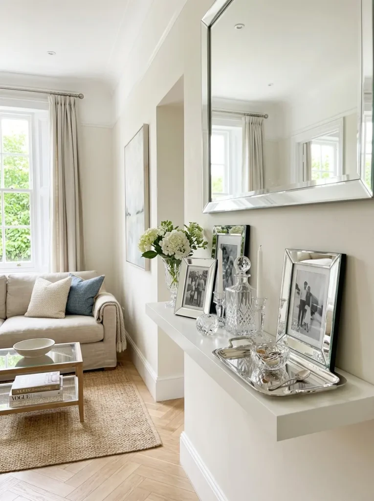 Mirrored frames and crystal accents on a floating shelf that visually brighten and enlarge the room.