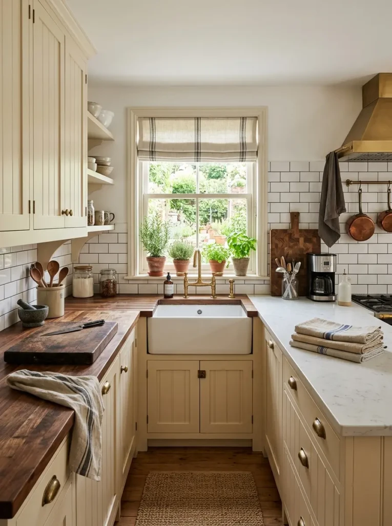 Compact U-shaped kitchen featuring wood countertops paired with white quartz for a stylish farmhouse remodel.