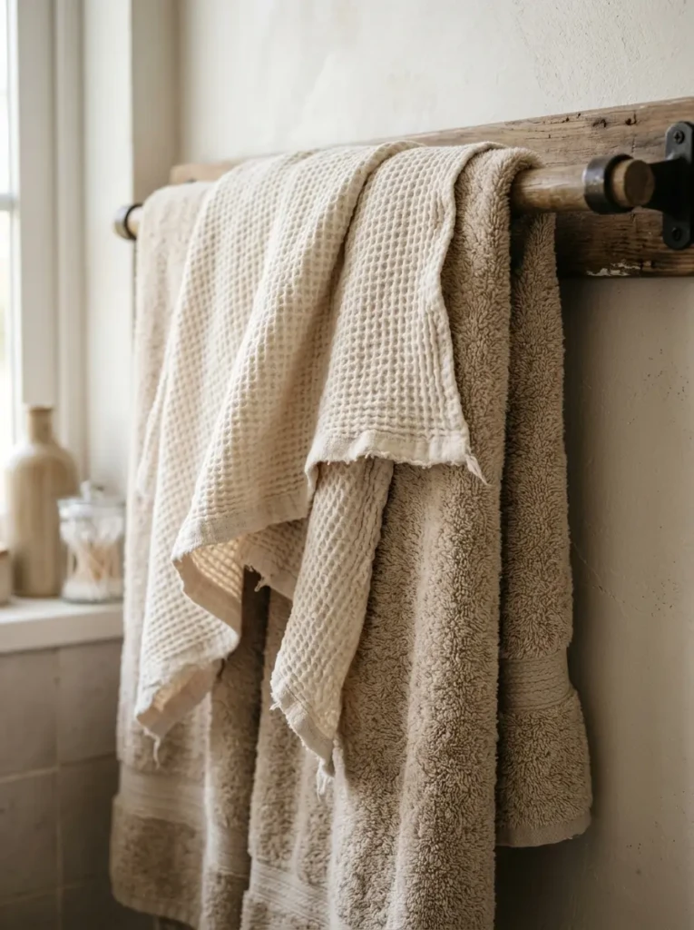 Close-up of waffle and plush towels layered together with soft folds and natural lighting.