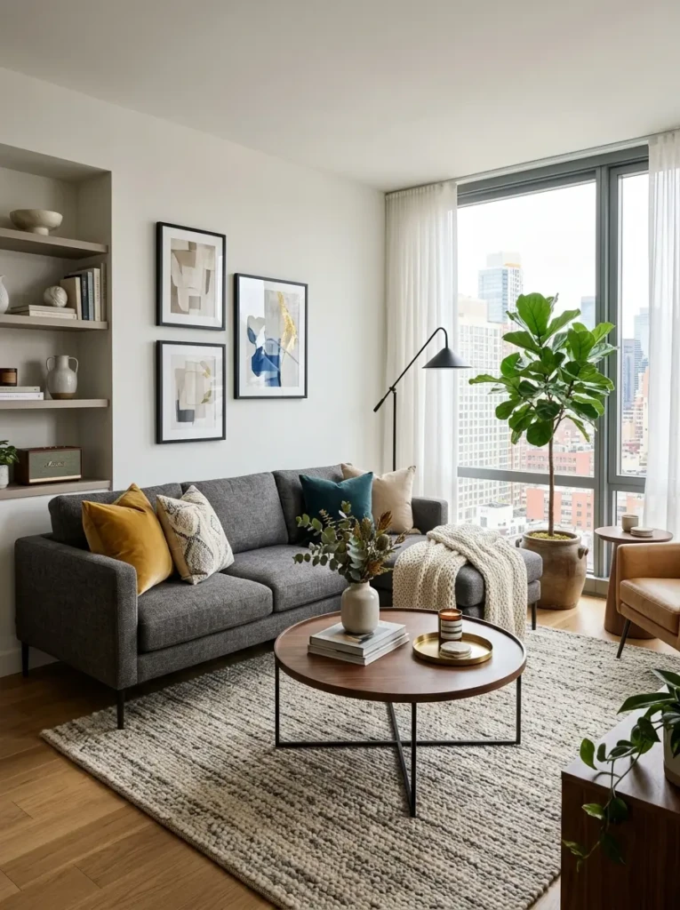 Stylish apartment living room centered around a compact modern living room sofa set.