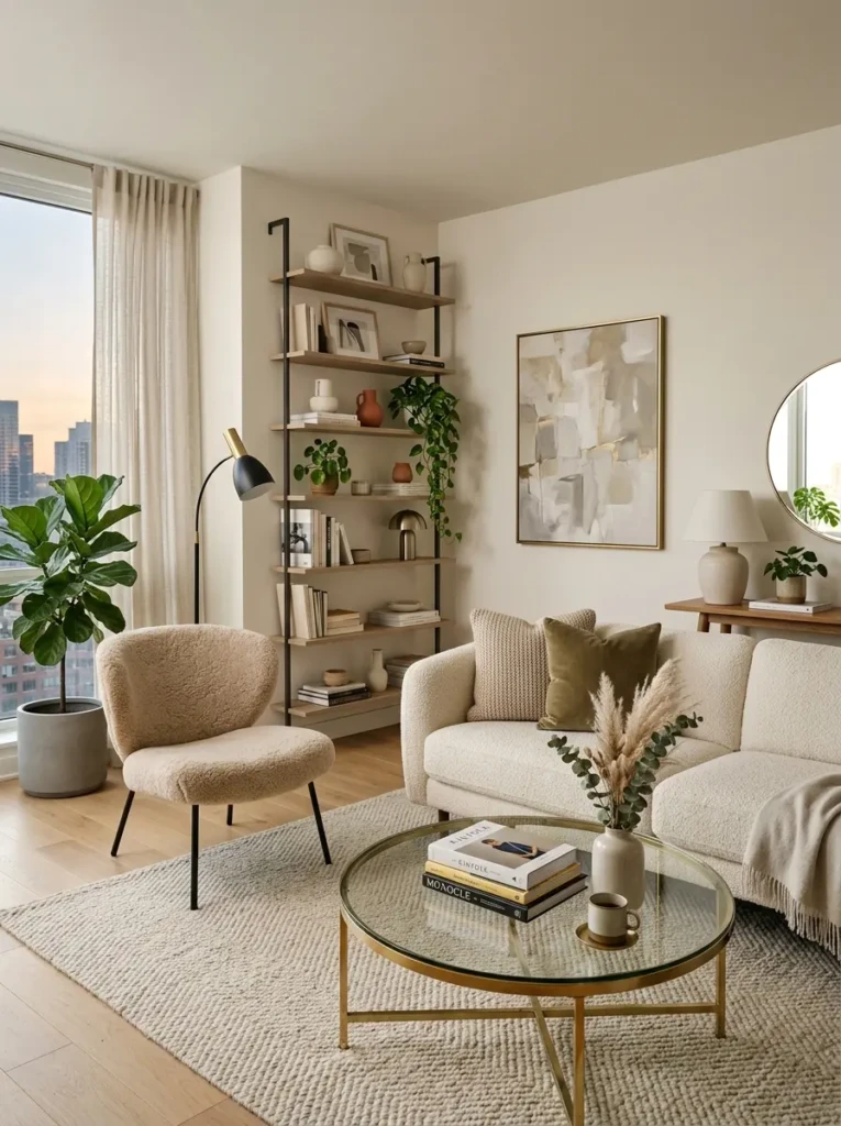A chic modern apartment living room with glass coffee table, textured sofa, and vertical shelving.