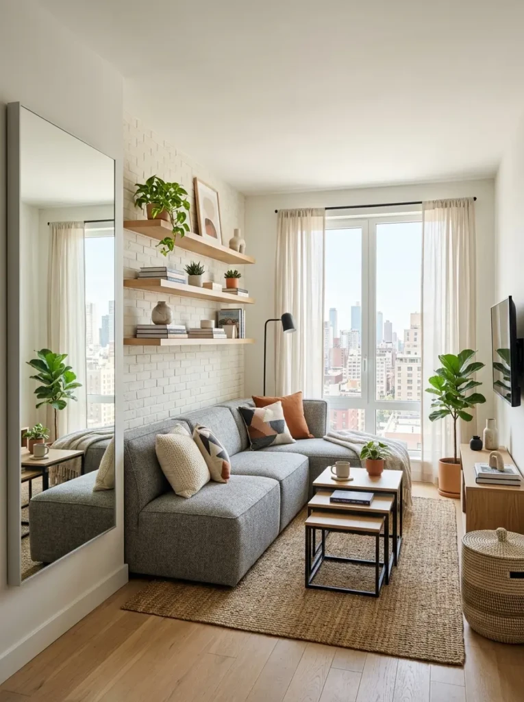 Compact modern apartment living room with modular sofa, nesting tables, wall shelves, and airy styling.