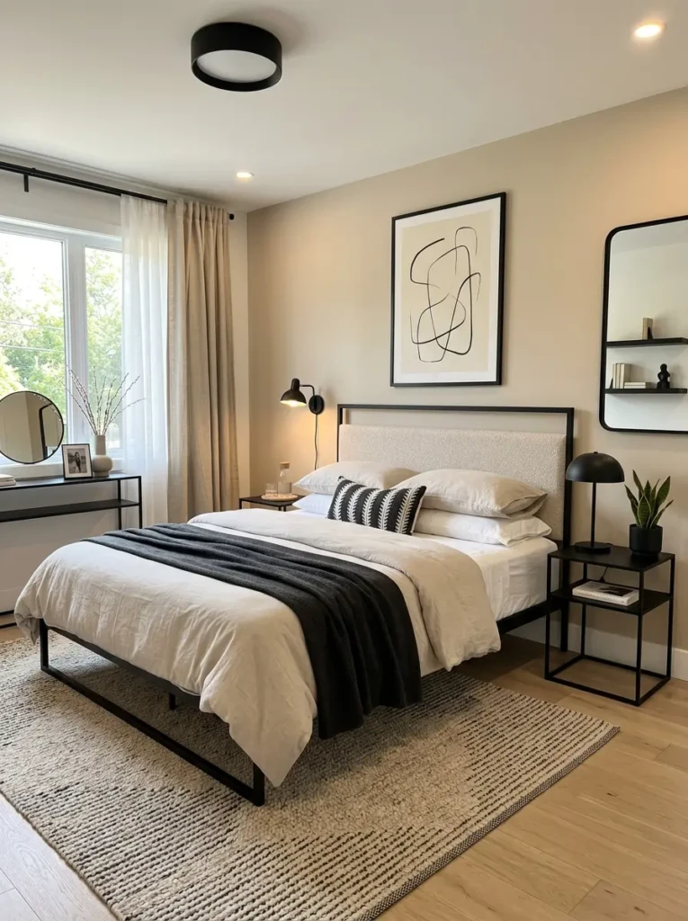 A modern bedroom with beige tones, black accents, clean layout, and minimal decor creating a balanced and stylish space