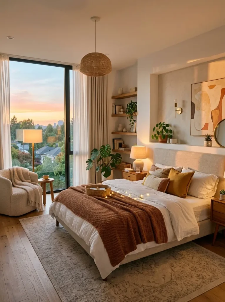 A beautifully styled bedroom illuminated with soft evening light creating a calm and cozy vibe