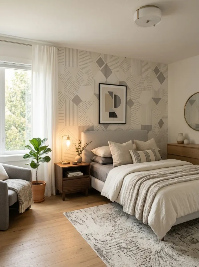 A stylish bedroom featuring subtle geometric wallpaper in neutral tones, clean furniture lines, and cozy lighting.