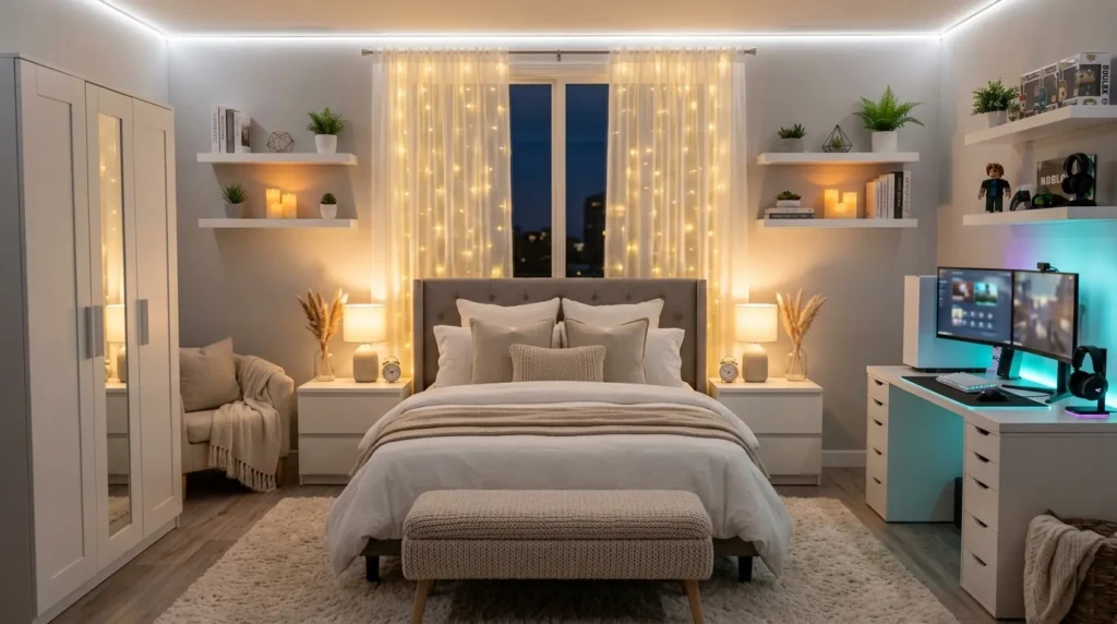 Modern aesthetic bedroom inspired by bloxburg bedroom ideas with white bedding, fairy lights, shelves, candles, books, and cozy rug.