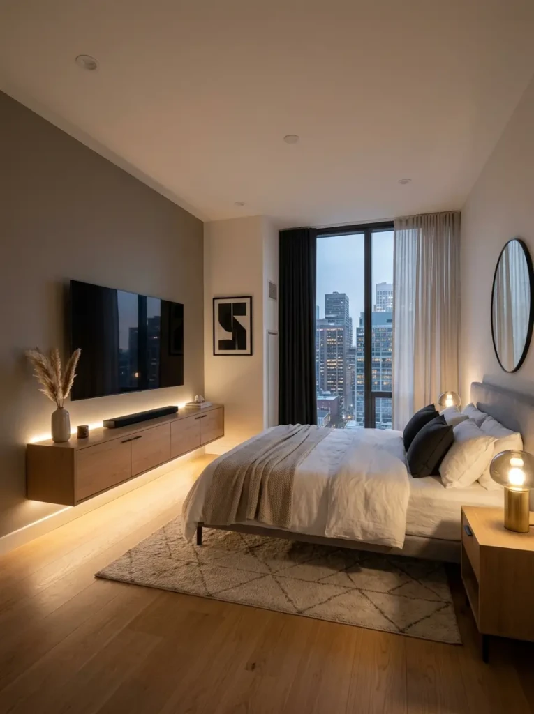 A floating TV console with LED lighting creating a clean and airy bedroom look