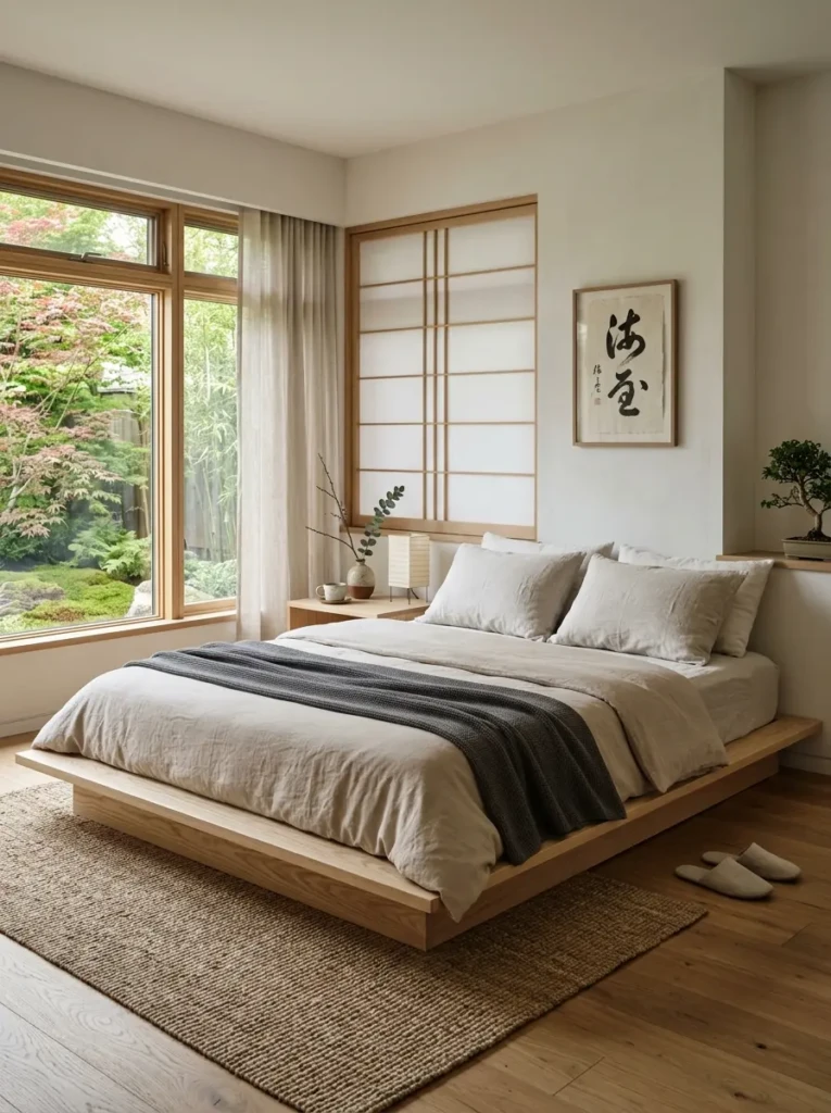 A calm modern bedroom with a low platform bed, simple bedding, minimal decor, and soft natural lighting inspired by a grounded, zen aesthetic.