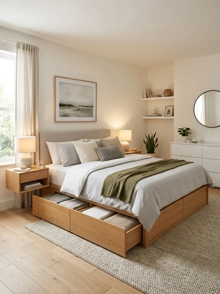 A modern bedroom with a king size bed that includes under-bed storage drawers, keeping the space organized and clutter-free