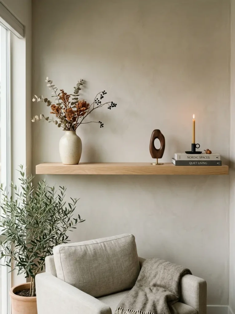 Modern autumn shelf decor with intentional empty space between objects for a calm elevated design.