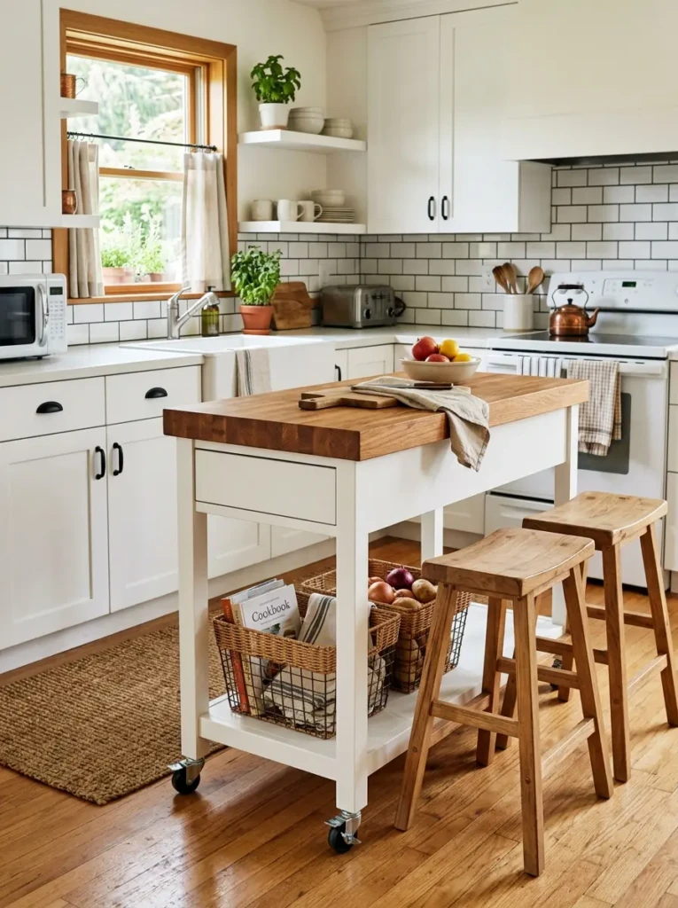 Slim butcher block island in a small modern farmhouse kitchen with added storage.