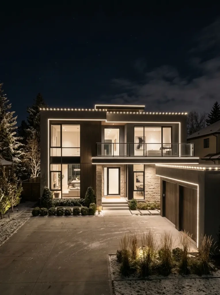 Modern house outlined with simple outdoor Christmas lights highlighting clean architectural lines