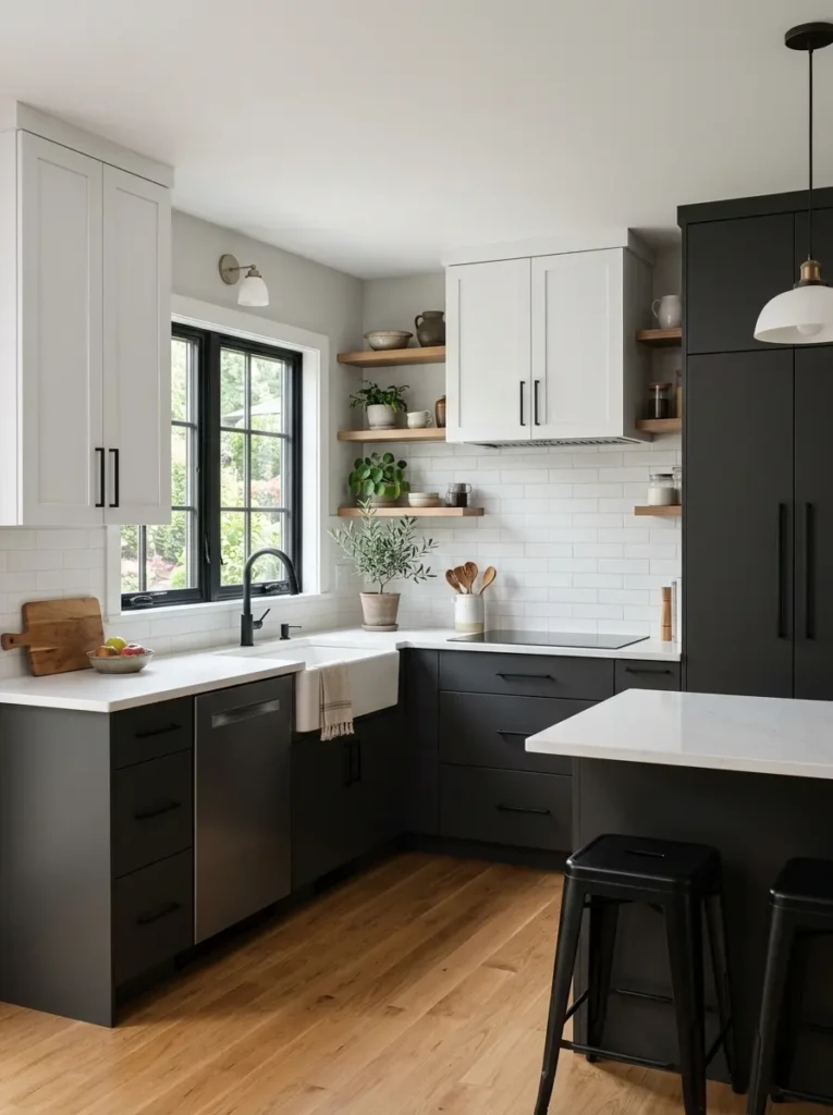 White shaker cabinets with sleek lower storage and black pulls in a compact farmhouse kitchen.