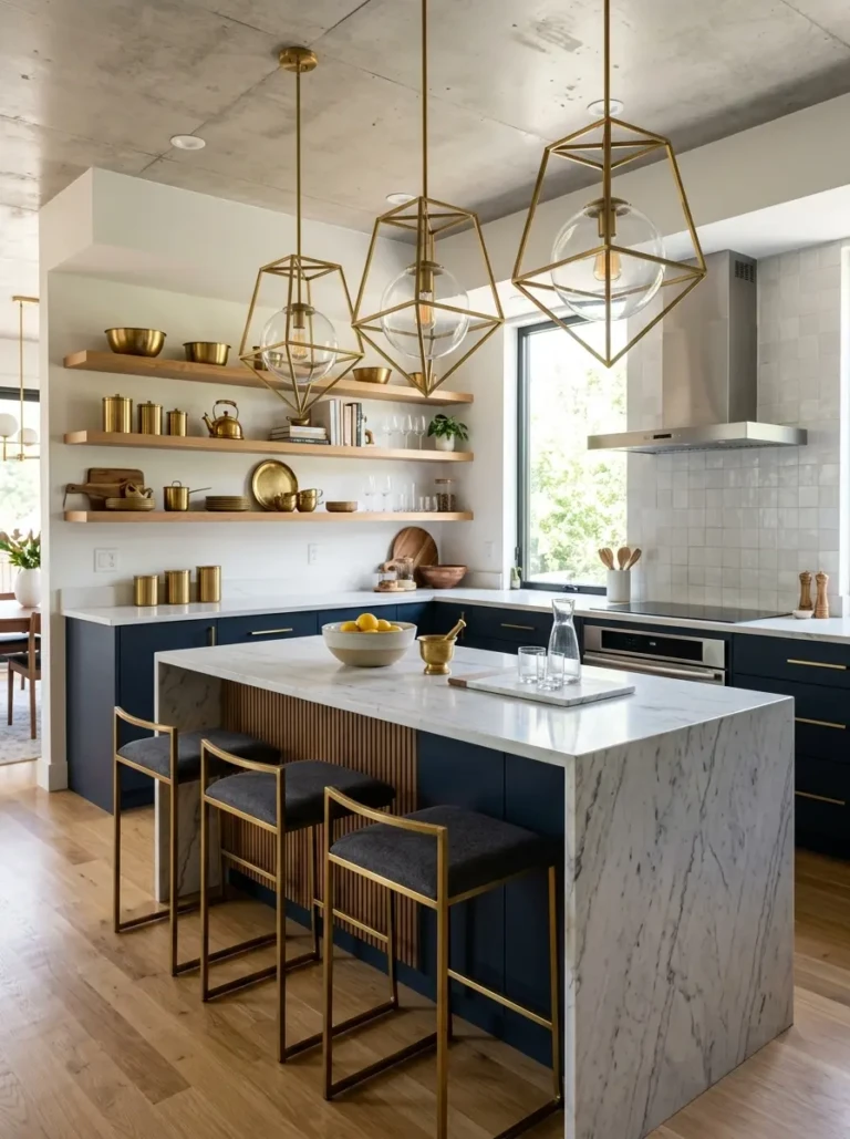 Modern kitchen shelves styled with brass accents coordinated with pendant lighting above the island.
