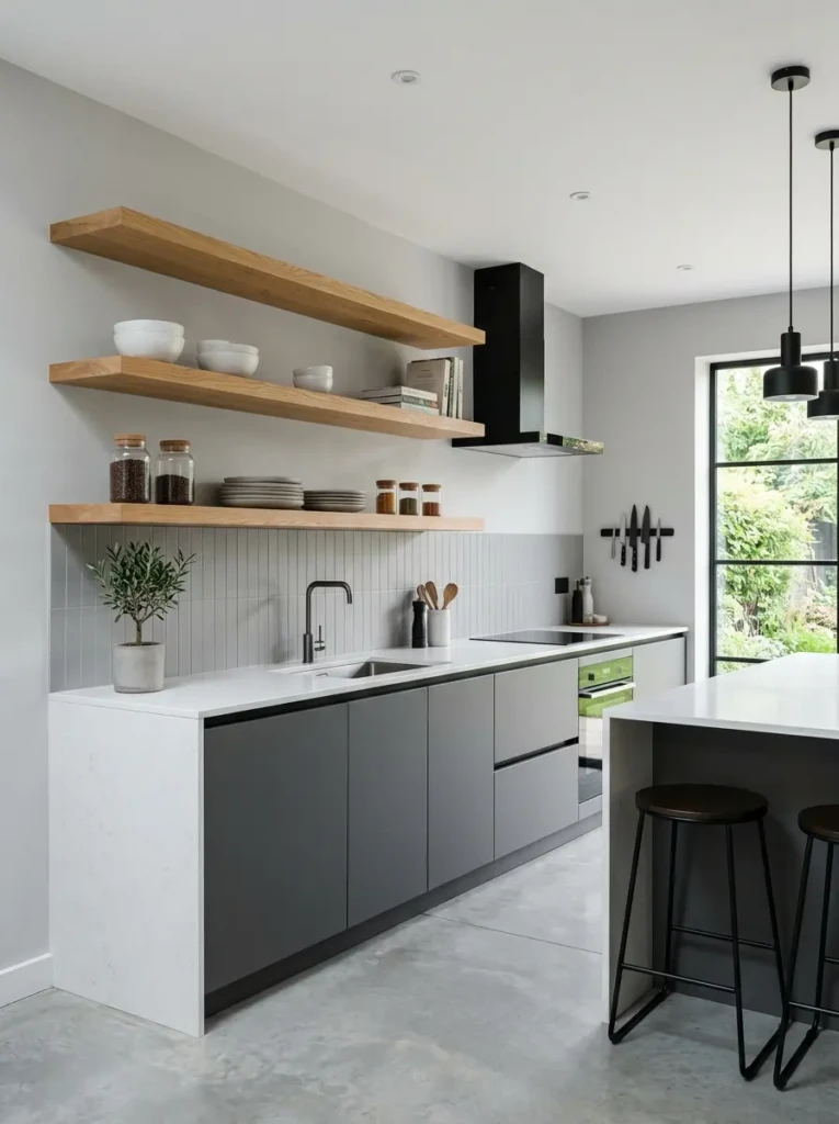 Sleek floating shelves without visible brackets creating a clean and contemporary kitchen design.