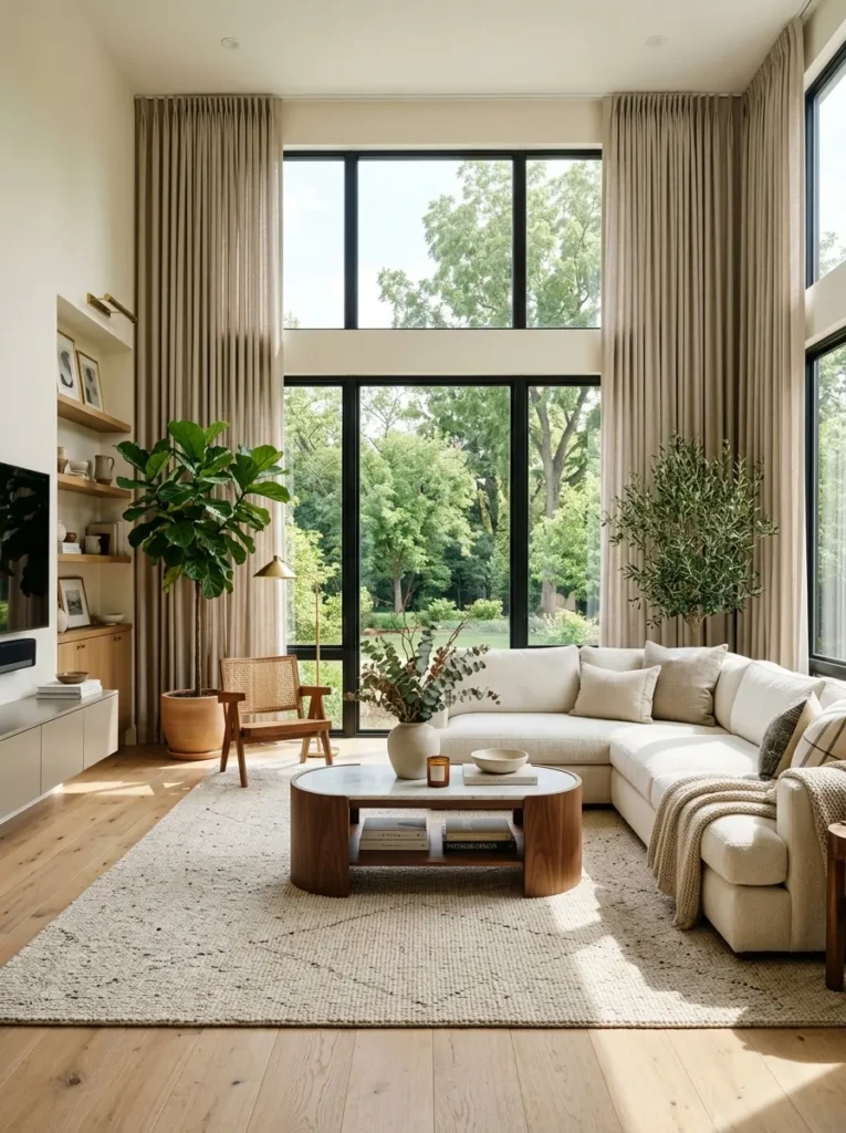 Stylish living room with elegant full-length curtains, neutral sofa, indoor plants, and warm natural sunlight creating a cozy designer-inspired atmosphere.
