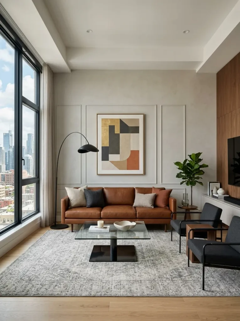 Sleek modern living room with brown sofa, abstract wall art, black metal lighting, glass table, and minimalist decor.