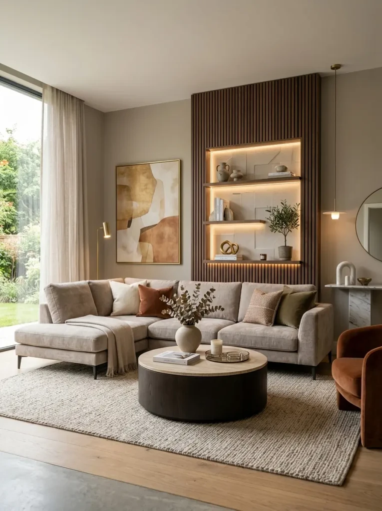 Modern luxury living room featuring a statement wall with textured panels, warm neutral decor, shelves, and ambient lighting.