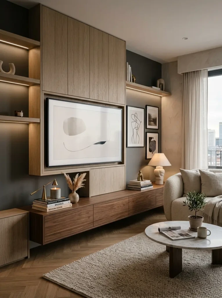 Modern apartment TV wall with low console, books, candles, and balanced decorative styling.