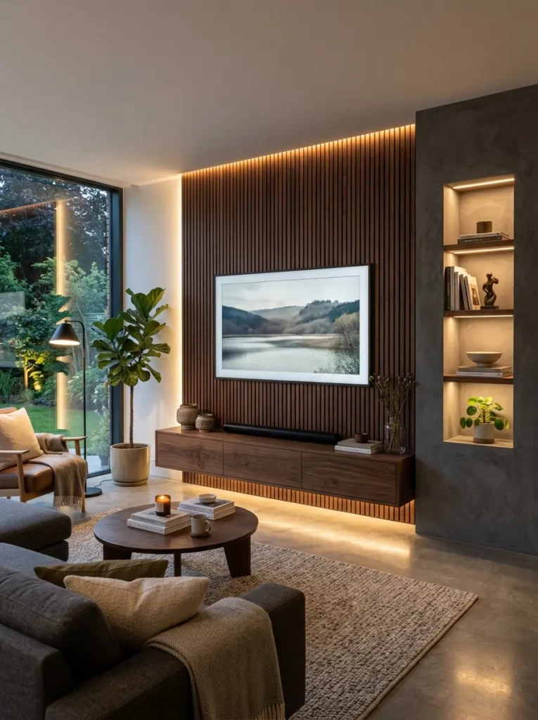 Stylish TV feature wall with wood slat paneling, floating console, LED lighting, and sleek modern shelving.