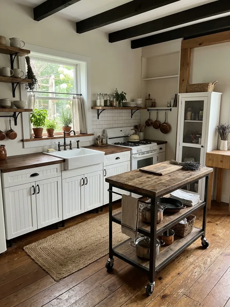 Budget-friendly modular farmhouse kitchen with movable storage units and rustic wood finishes.
