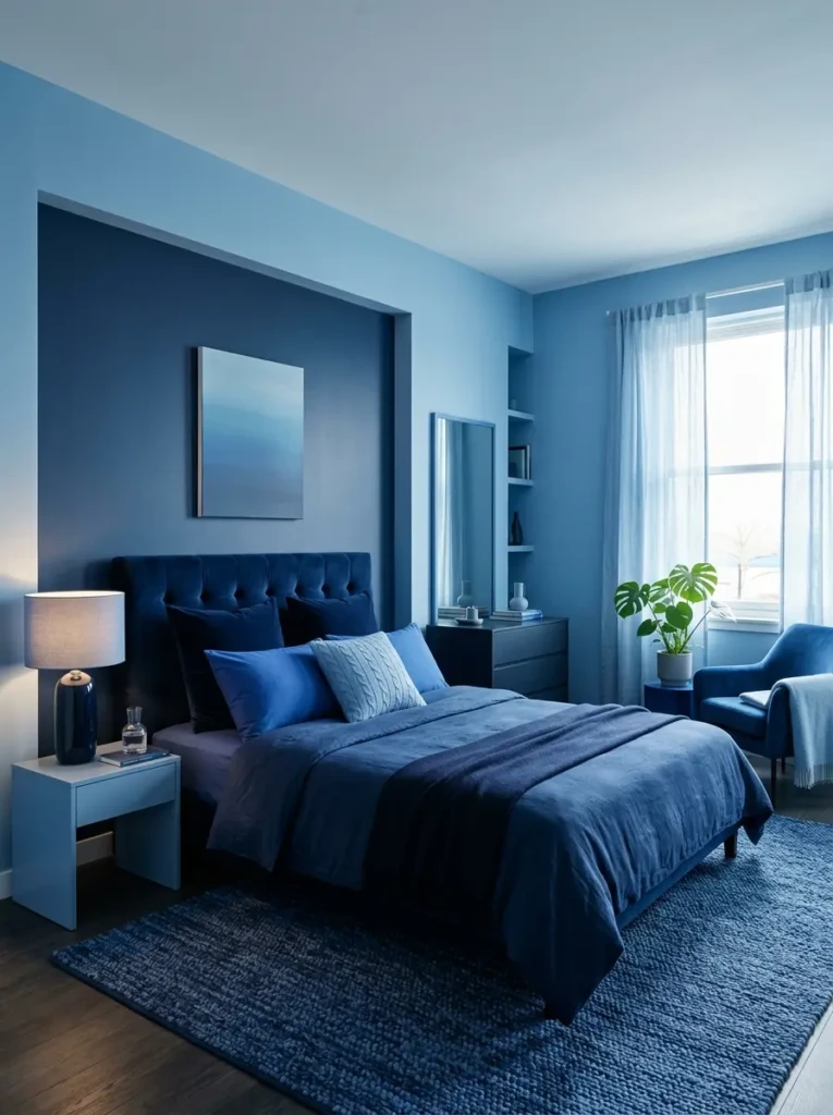 A modern color full bedroom using layered shades of blue with different textures for a cohesive look
