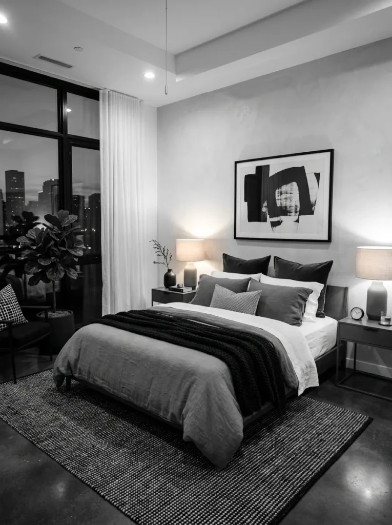 A layered monochrome bedroom featuring black furniture, gray bedding, and white accents for a balanced and modern look.