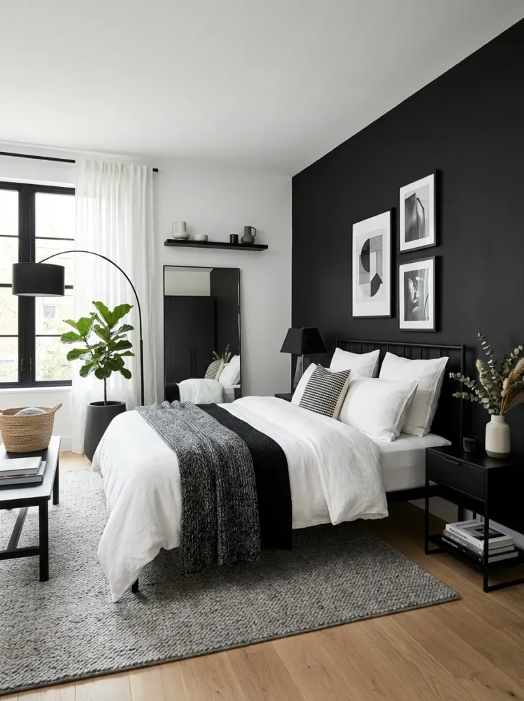 Stylish black and white bedroom showcasing timeless contrast and minimalist decor.