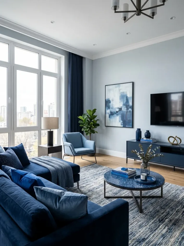 Stylish living room with a blue couch and layered shades of blue, sleek furniture, and minimalist decor in a modern setting