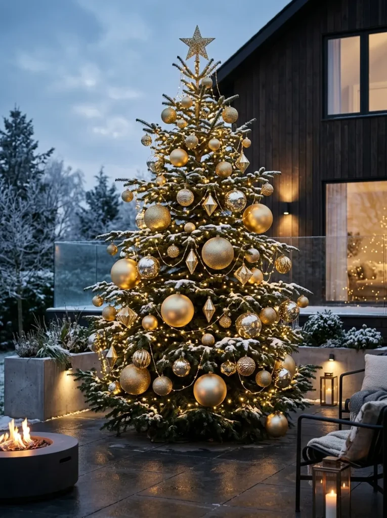 A modern outdoor Christmas tree styled with gold ornaments and soft lighting for an elegant look