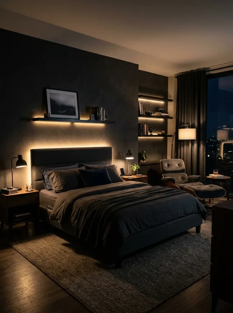 Moody masculine bedroom featuring bedside lamps, LED headboard glow, and warm layered lighting.