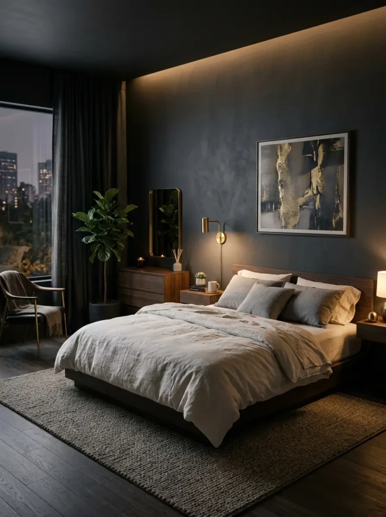 A sophisticated modern bedroom with charcoal walls, soft lighting, minimal furniture, and contrasting light bedding creating a cozy yet dramatic ambiance.