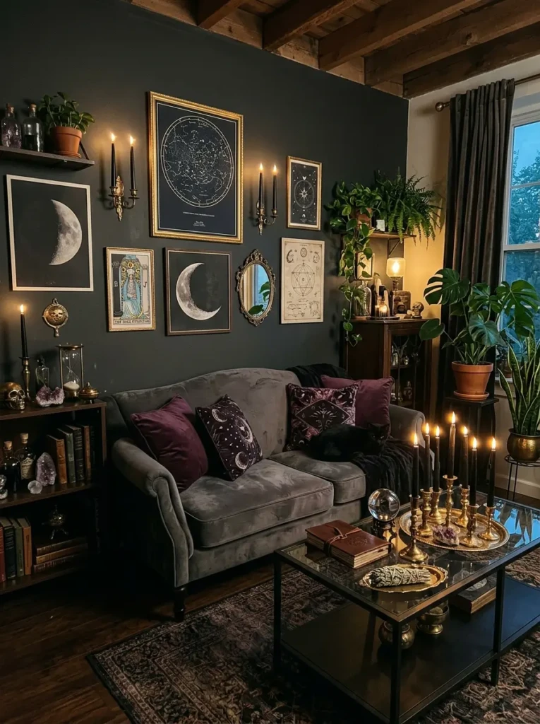 Moody witchy living room with grey couch, black candles, celestial wall art, and dark green plants.